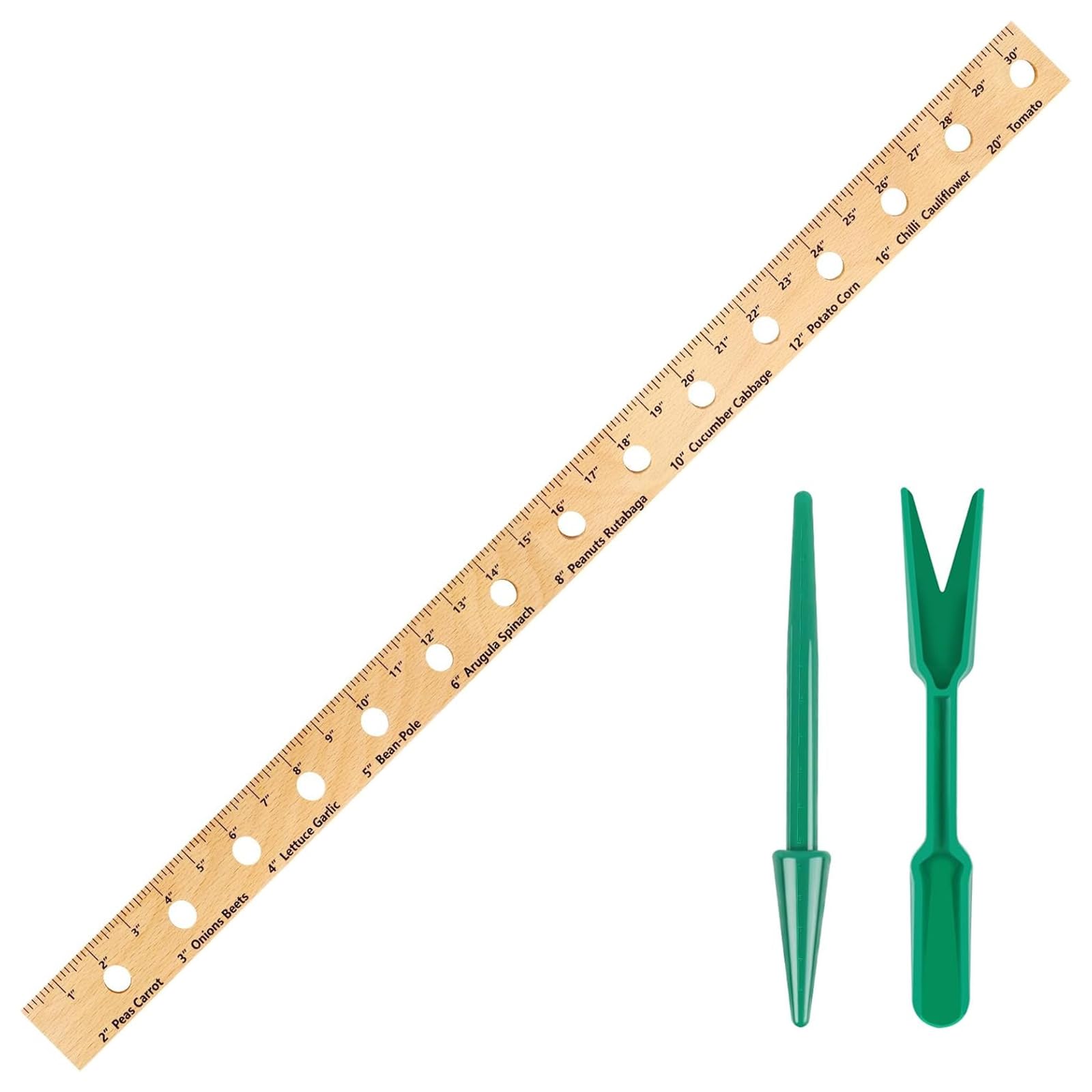Tizee foldable plant ruler in wooden frame shows precise spacing for carrots and tomatoes.