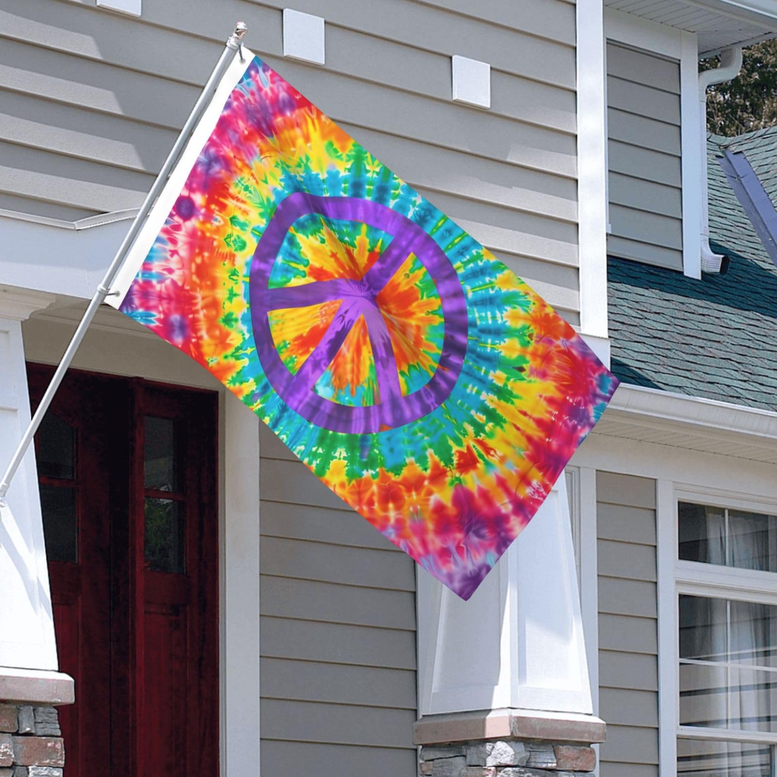 Vibrant tie-dye background complements the peace symbol for visual impact.