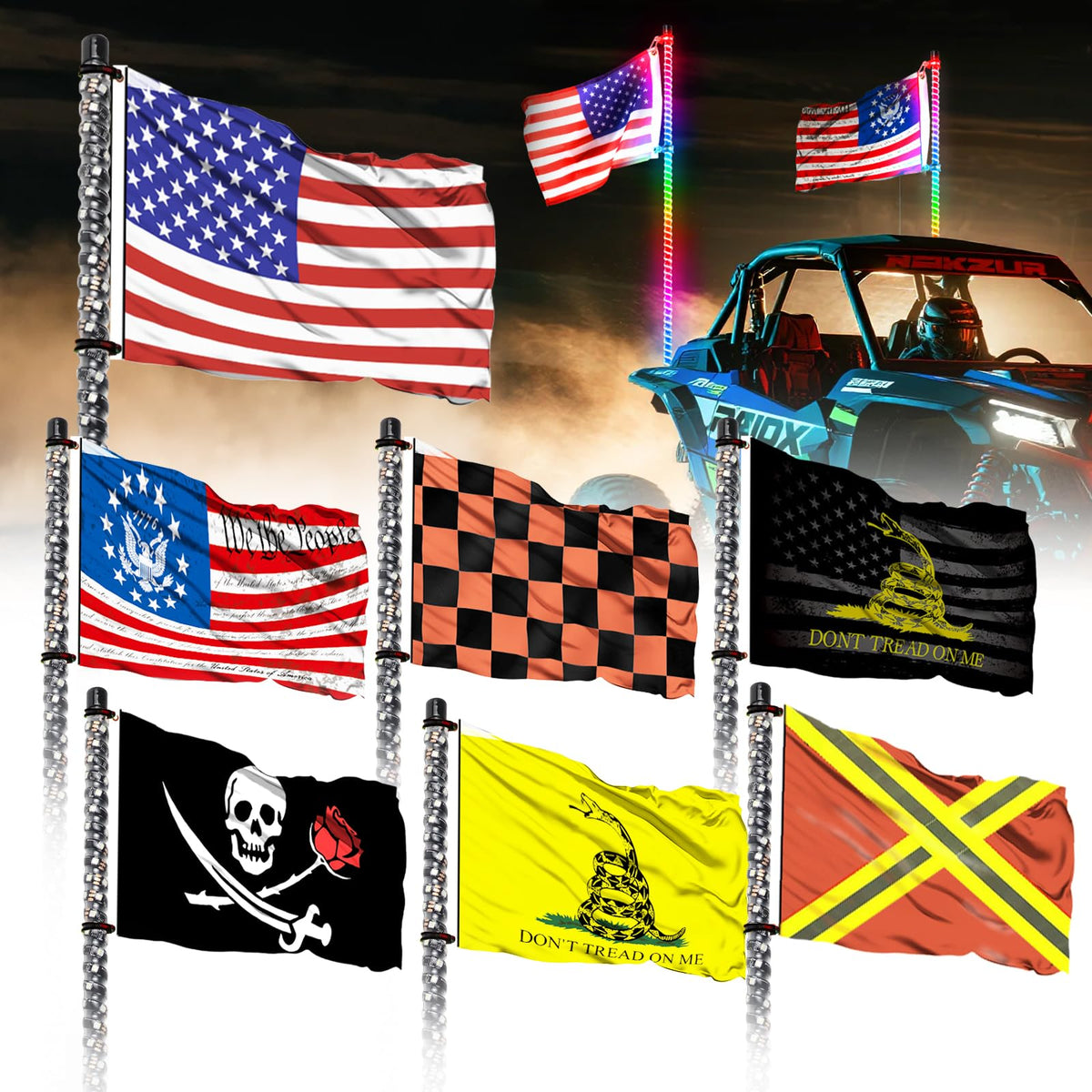 TKBEAM whip flag for UTV visibility improves off-road signaling.
