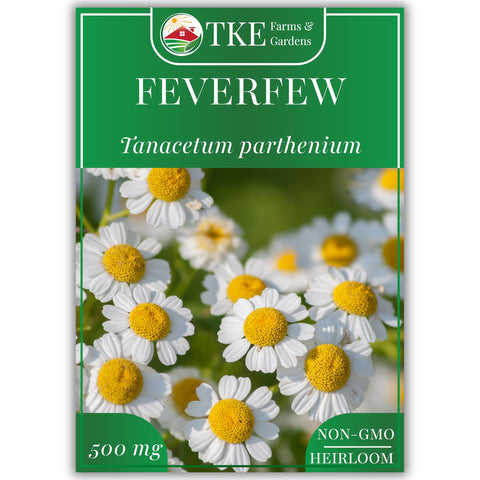 TKE Farms feverfew seeds pack shot highlighting high germination for home gardens.