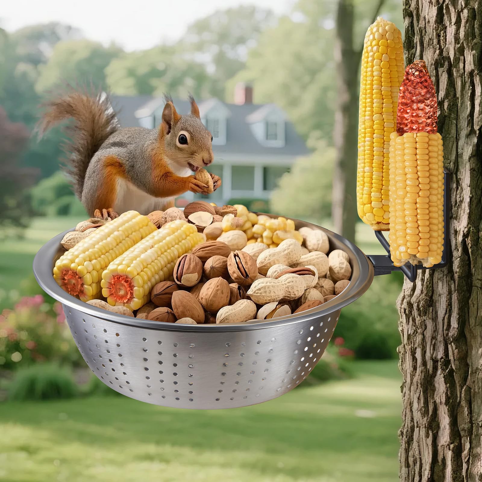 TKMSV Squirrel Feeder with 8.5-inch bowl in backyard, easy viewing and feeding.