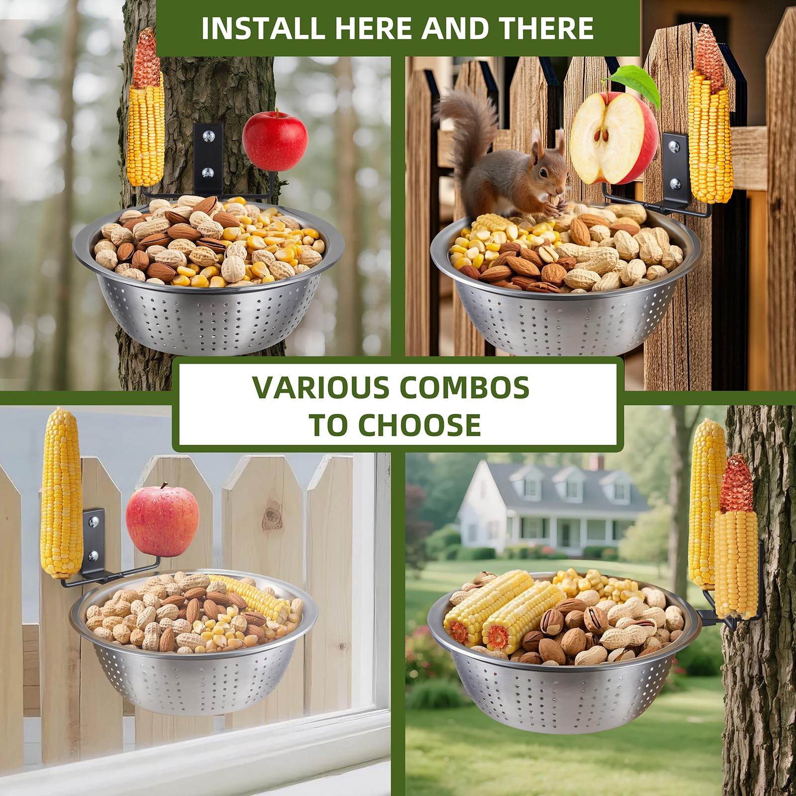 TKMSV easy-install squirrel feeder mounts on trees, fences, or posts