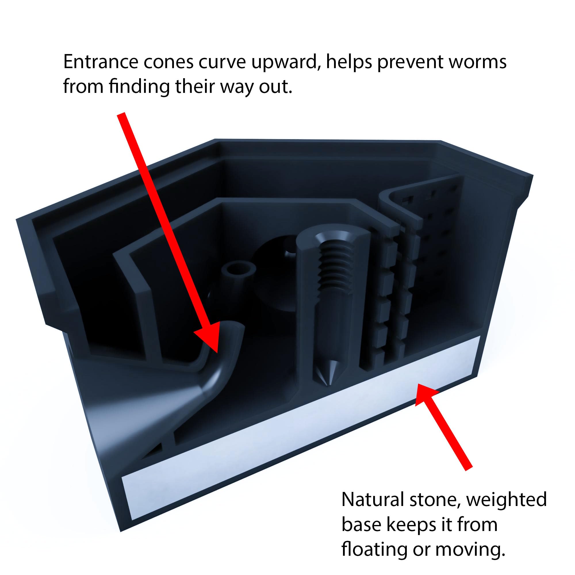 Precision bait-entry design attracts bristle worms for targeted capture.
