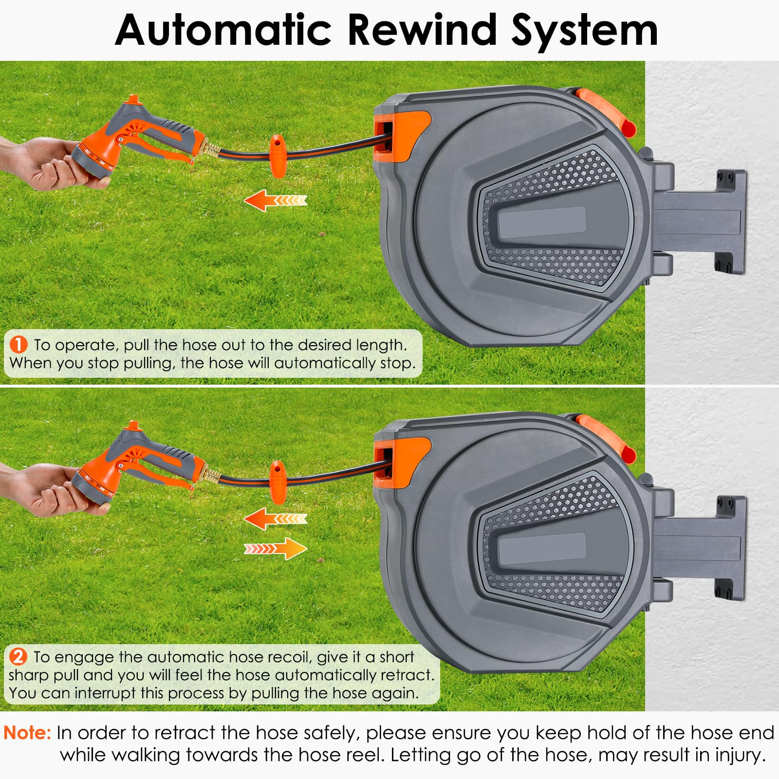 TLGREEN auto rewind system gently retracts the hose after use.