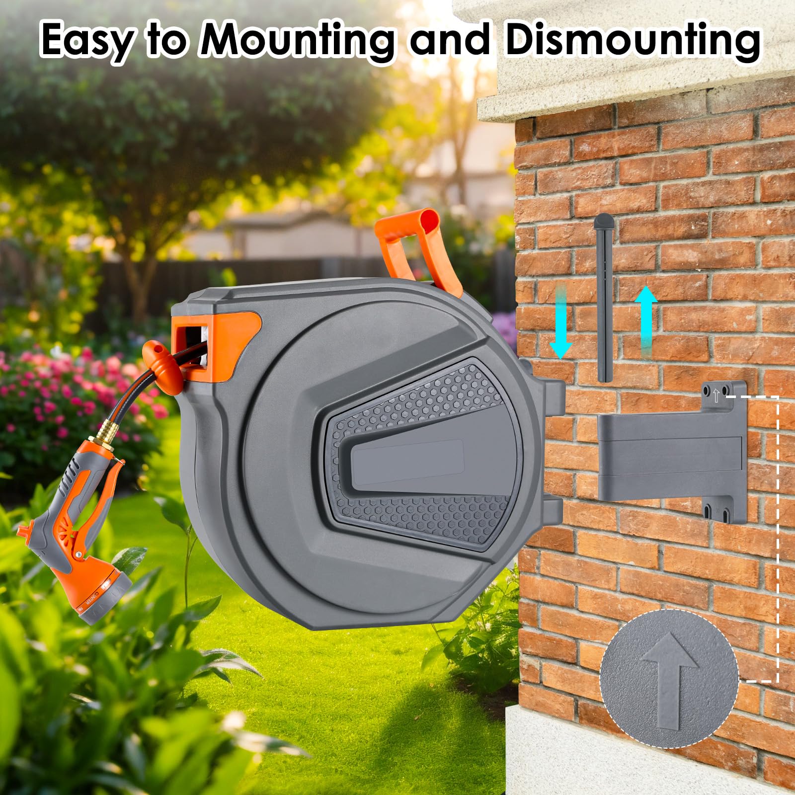 TLGREEN wall-mountable reel stores neatly for winter storage.