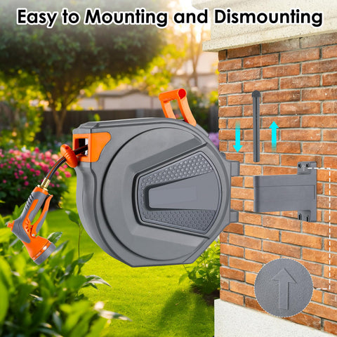 TLGREEN wall-mountable reel stores neatly for winter storage.