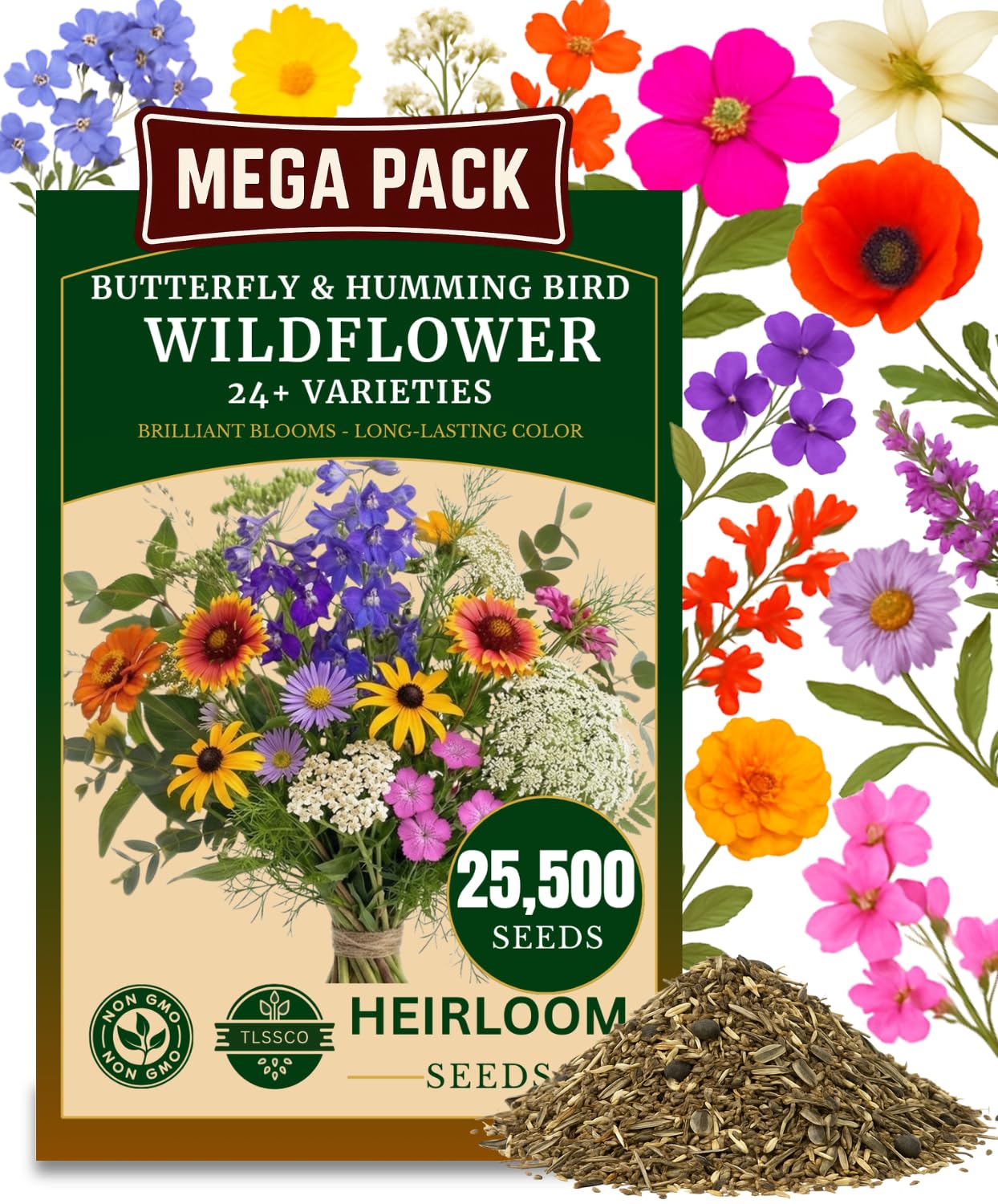 TLSSCO 25450 wildflower seed packaging for pollinator-friendly beds.