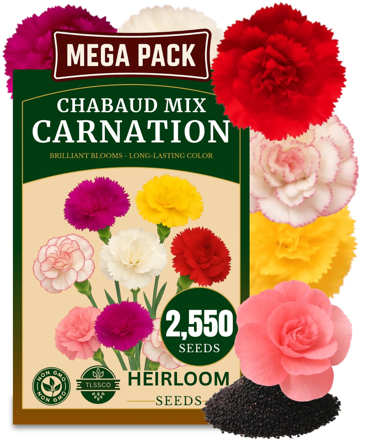 TLSSCO carnation seeds pack for vibrant cutting gardens with fragrant blooms.