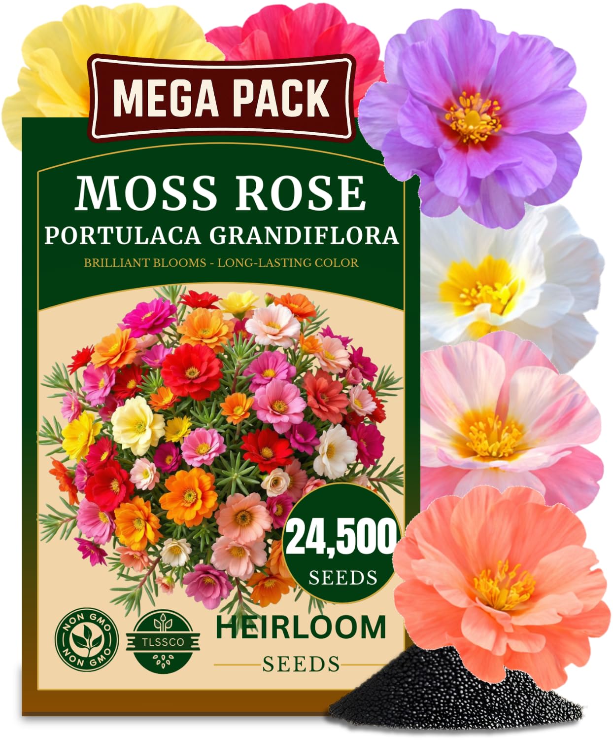 TLSSCO moss rose seeds pack shown for sunny garden beds with vibrant color