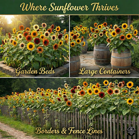 TLSSCO sunflowers with tall stems in bloom for vibrant garden backdrops.