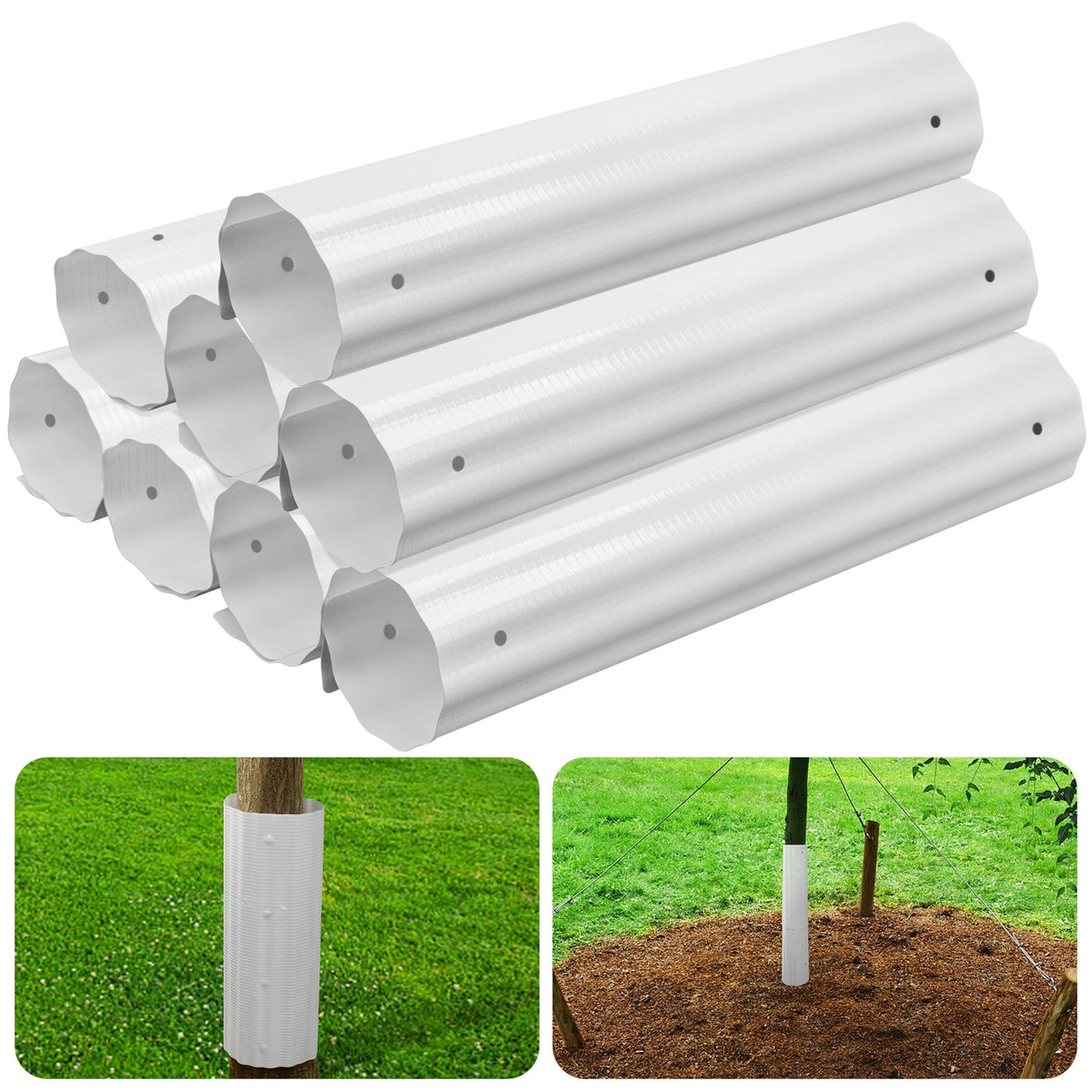 Tlswshsy expandable tree guards in use protect saplings from lawn equipment.