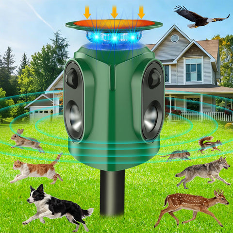 TLXLT Ultrasonic Animal Repeller Outdoor with 360° coverage and PIR sensors deterring pests.