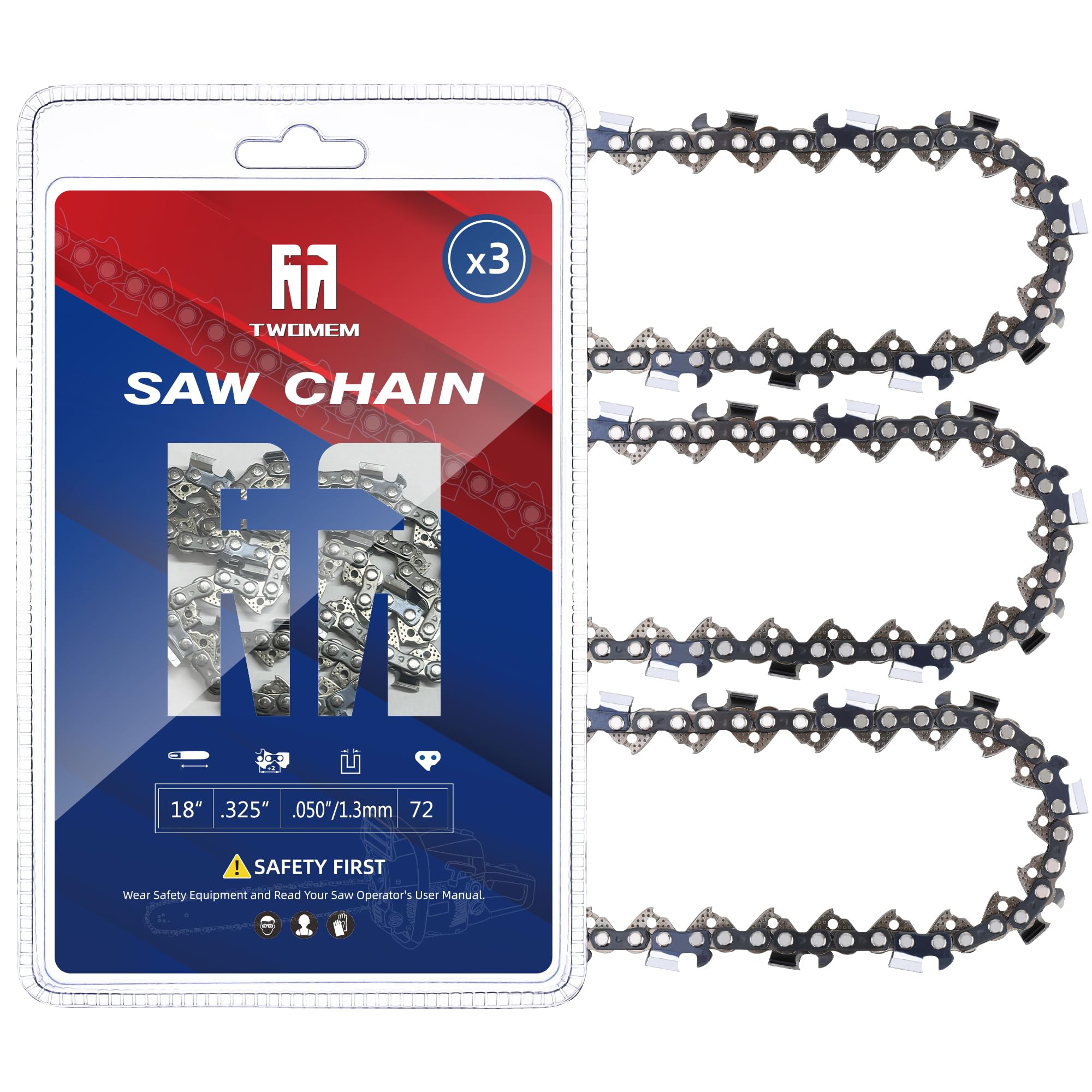 TM TWOMEM 18-inch chain in a 3-pack with drive links for long-lasting cutting.