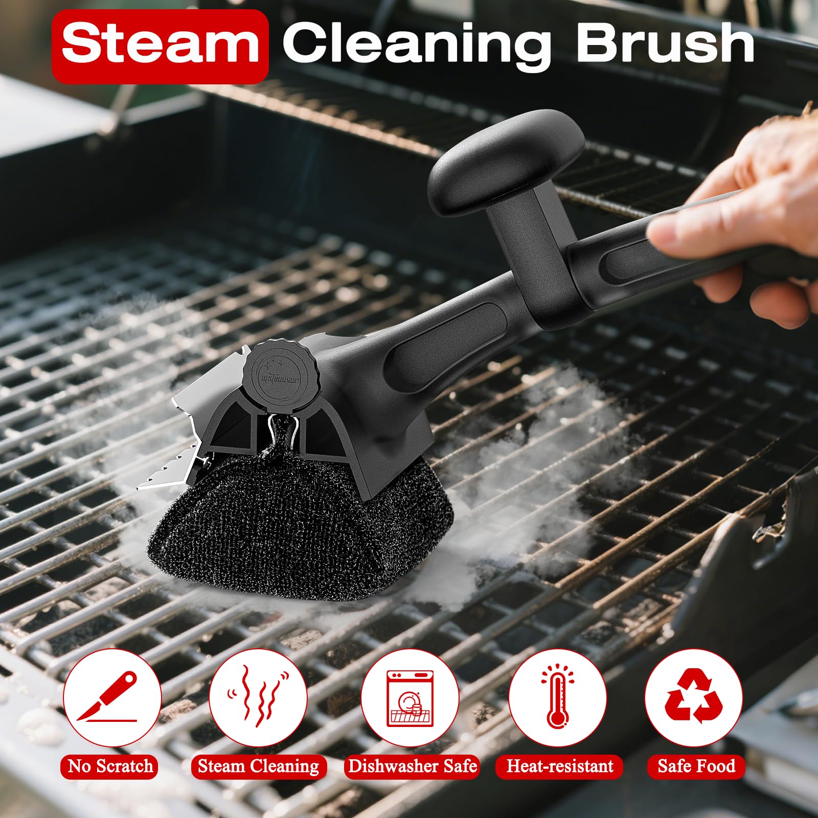 TMEDW grill brush shows hanging cord for easy storage after cooking