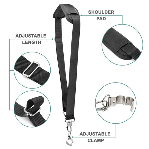 TMFsode strap worn on the shoulder demonstrating ergonomic support during extended trimming