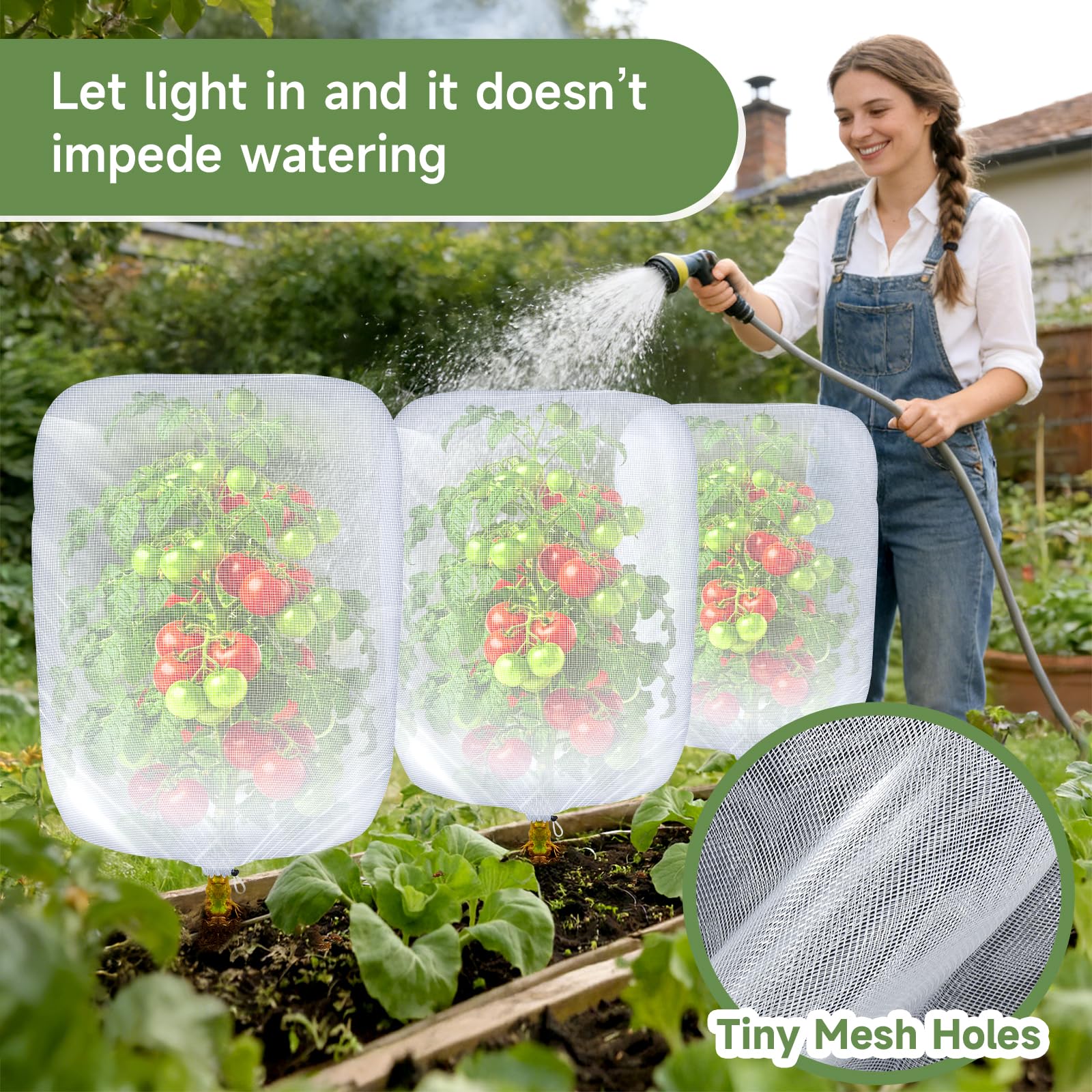 TMFsode vegetable netting shields tomatoes and vegetables while allowing water through.