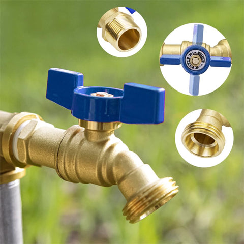 TMOK brass faucet close-up highlights heavy-duty construction for outdoor use.