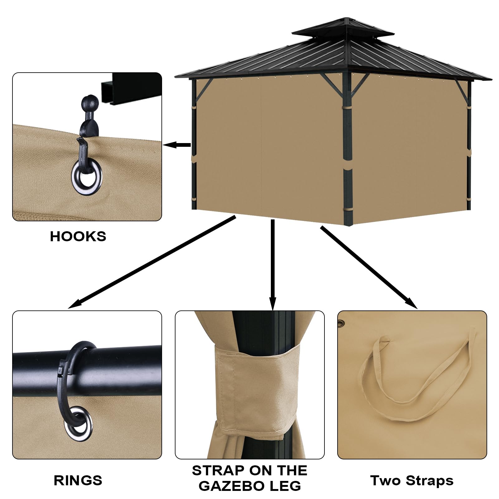 Tngan easy installation gazebo curtains hanging with hooks and straps
