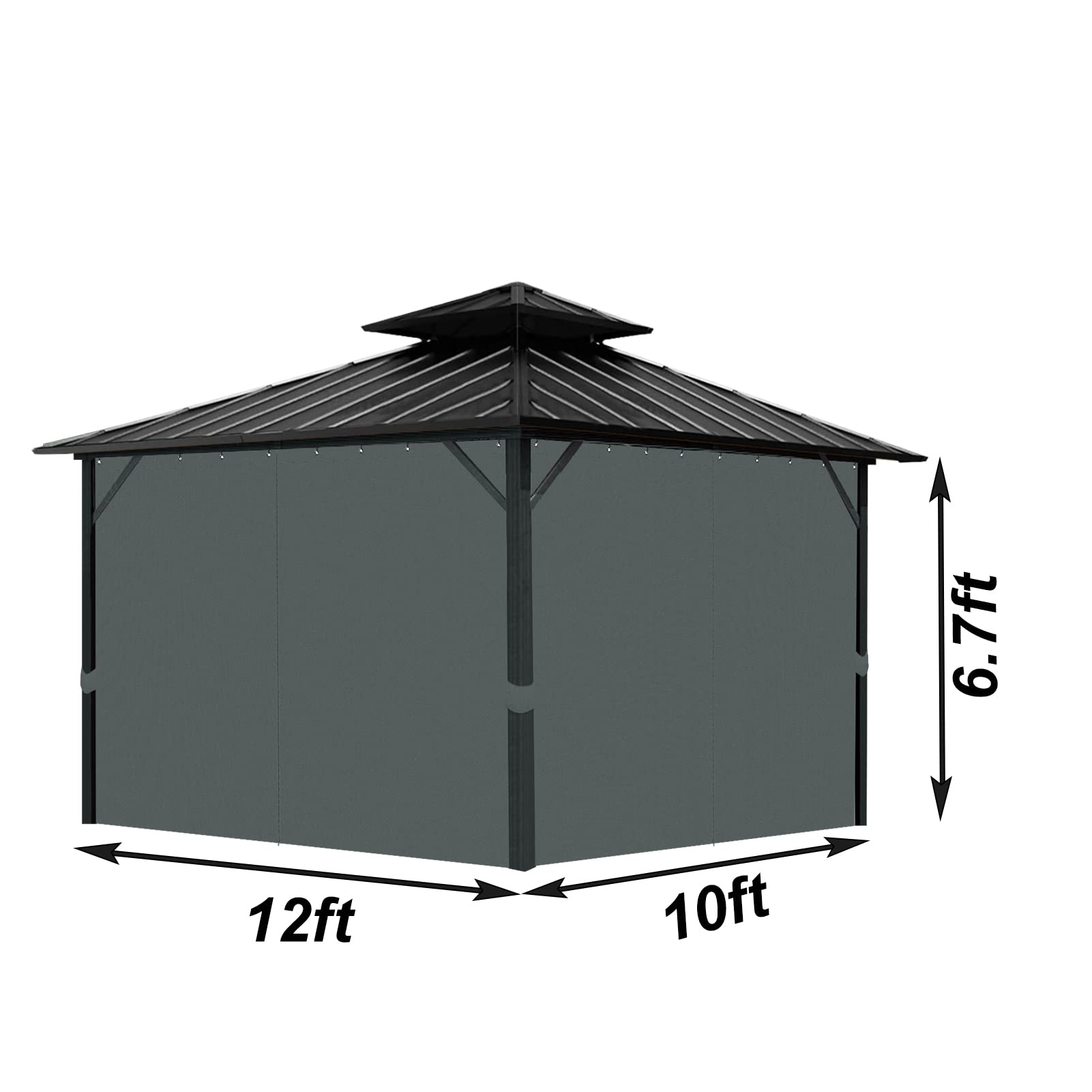 Tngan gazebo privacy curtain hangs on a frame with hooks for easy installation.