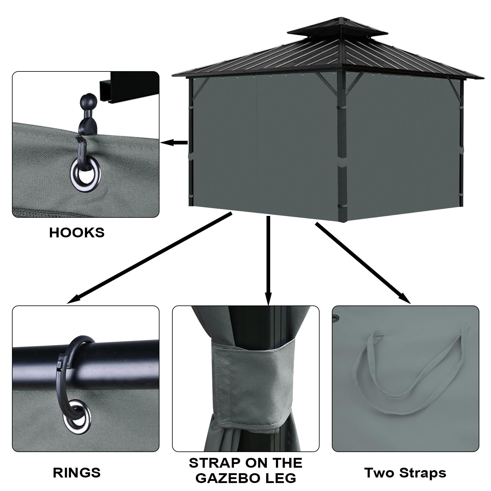 Tngan four-panel set includes hooks, rings, and installation instructions.