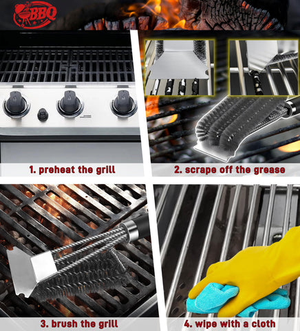 TNTOR in-use-on-grill shows effective cleaning during a backyard barbecue.