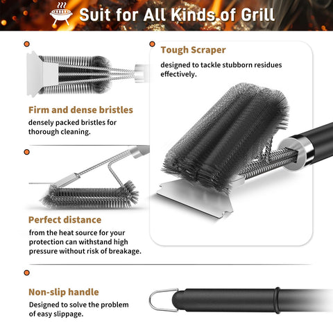 TNTOR grill brush universal compatibility image emphasizes use on charcoal, gas, and smoker.