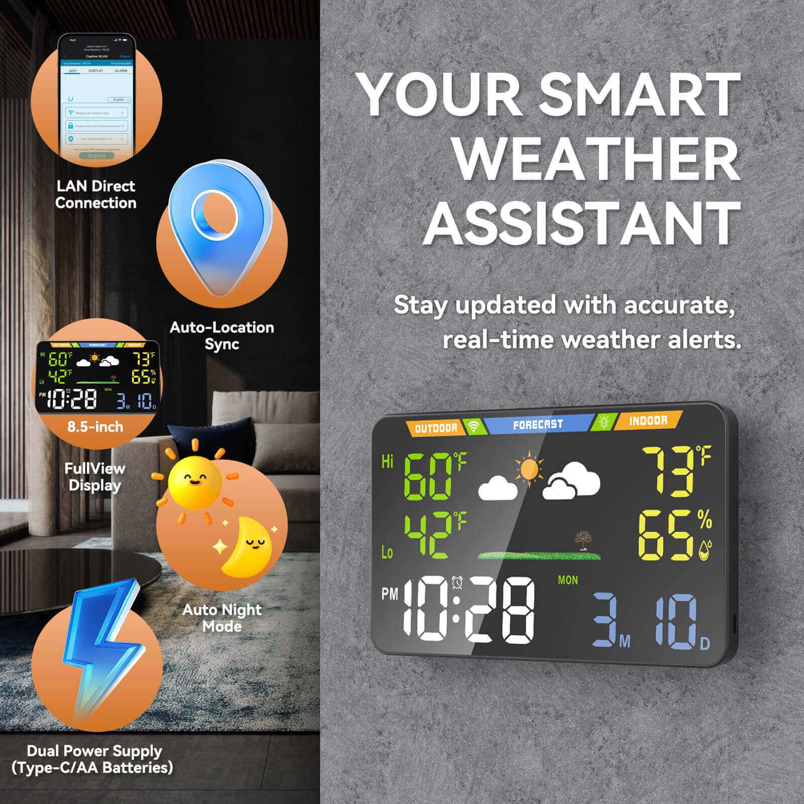 TOAIIO Wi-Fi Weather Station indoor outdoor temp humidity readings at a glance