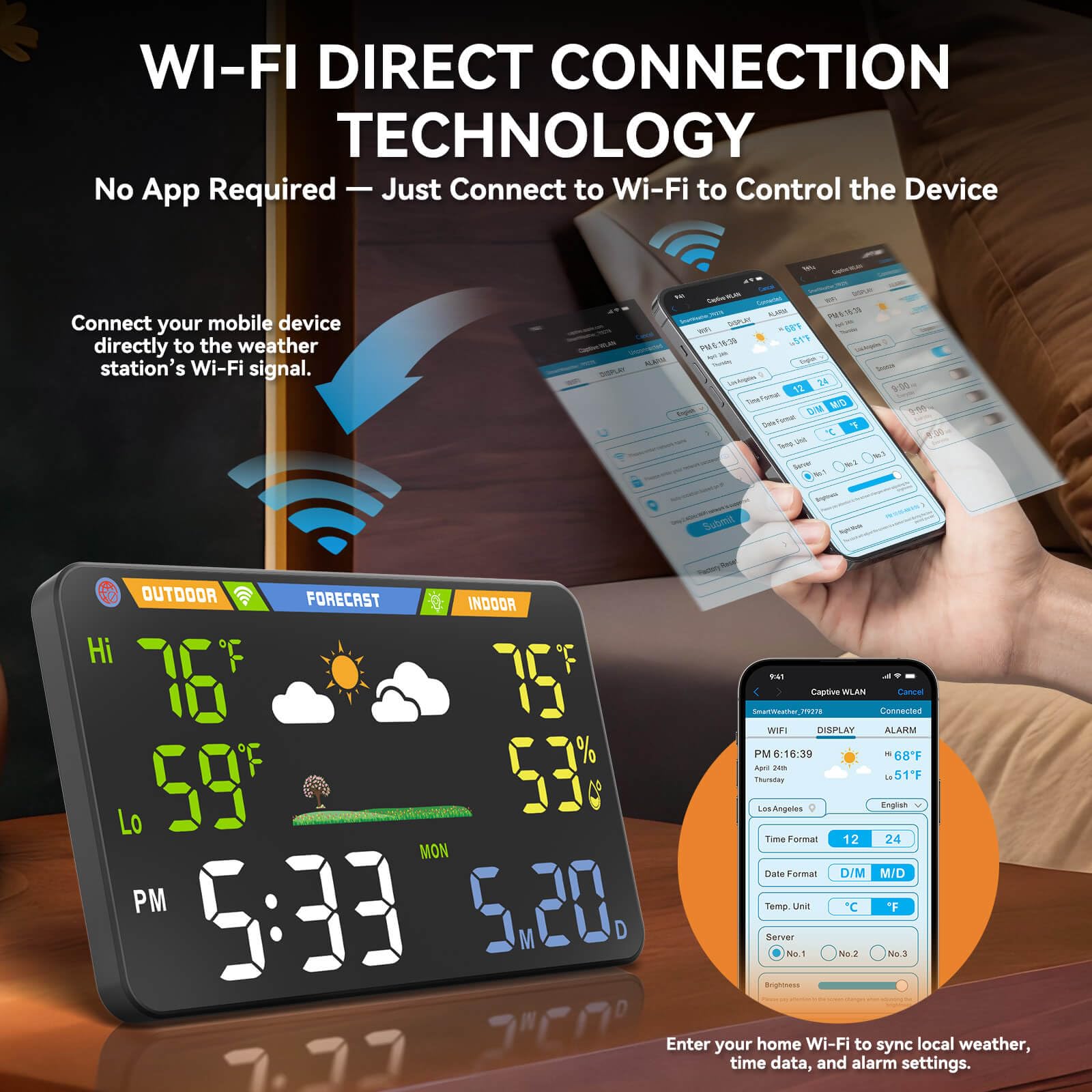TOAIIO Wi-Fi Weather Station connectivity badge indicates live data updates