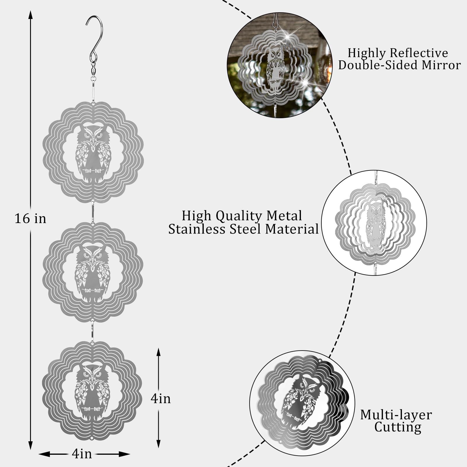 ToBeAce reflective owl wind spinner deters birds around patio