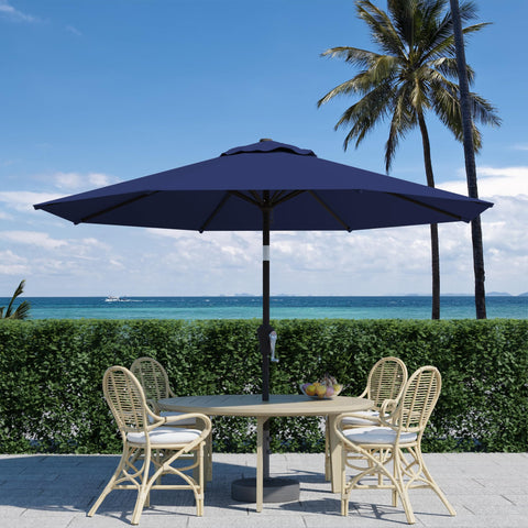 Tobeos 10-foot coverage keeps 6-8 chairs shaded around a table.