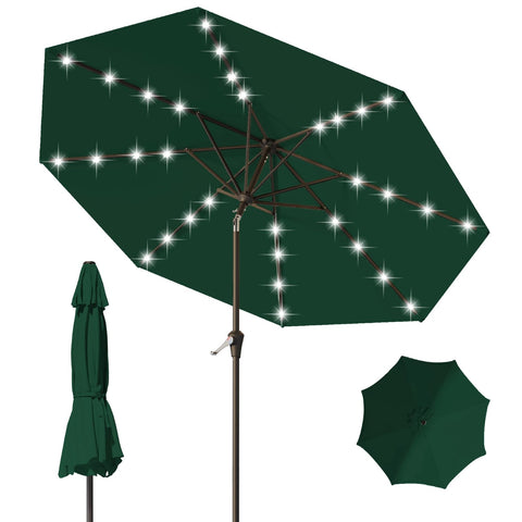 Tobeos 9FT umbrella with LED ribs creates ambient lighting for outdoor dining.