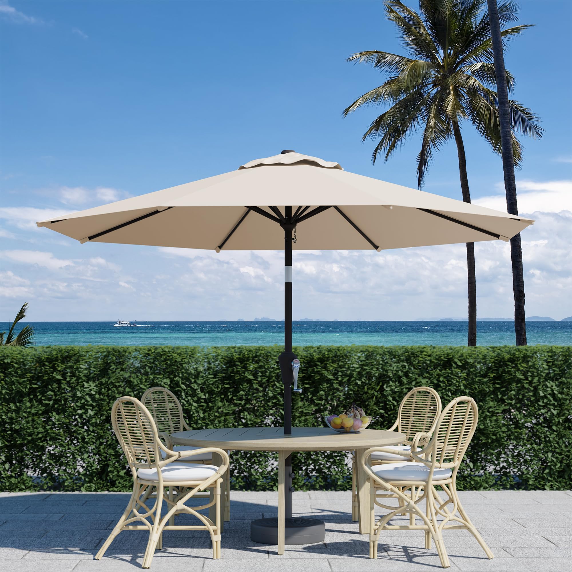 Tobeos beige outdoor umbrella beside poolside, durable and stylish