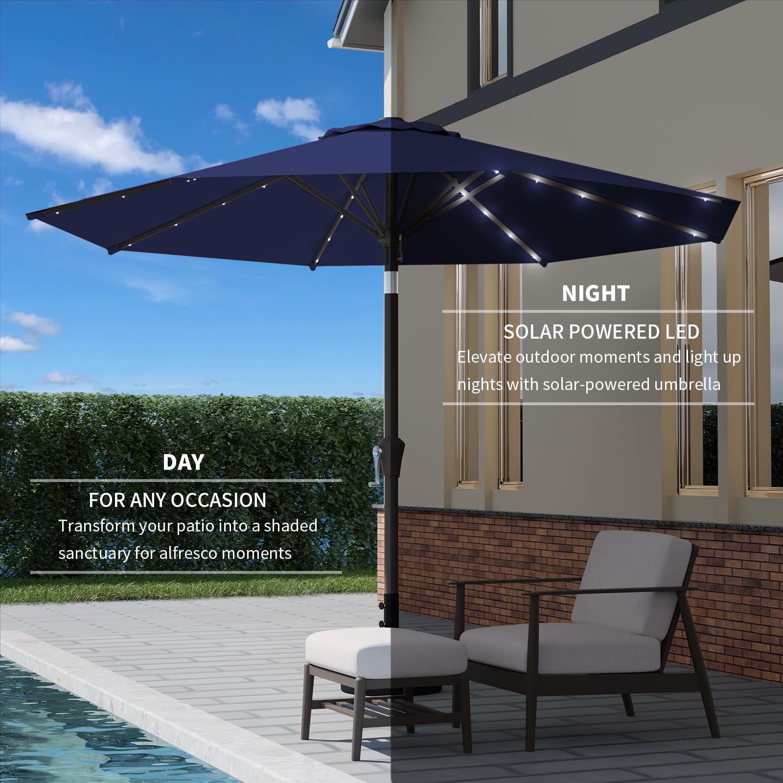 Close-up of LED lights on ribs from Tobeos umbrella for ambient outdoor lighting