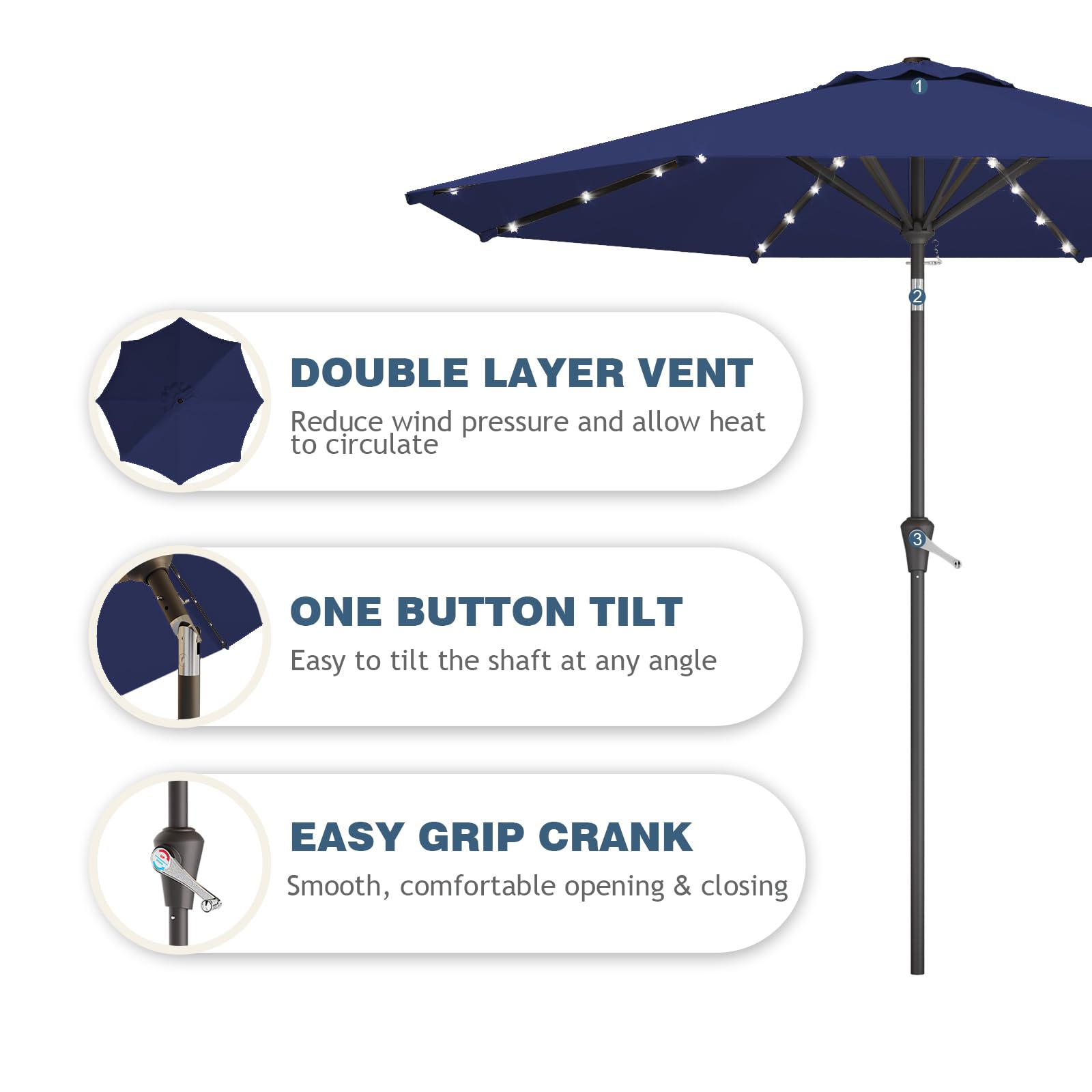 Tobeos umbrella tilt and crank action for easy shade control
