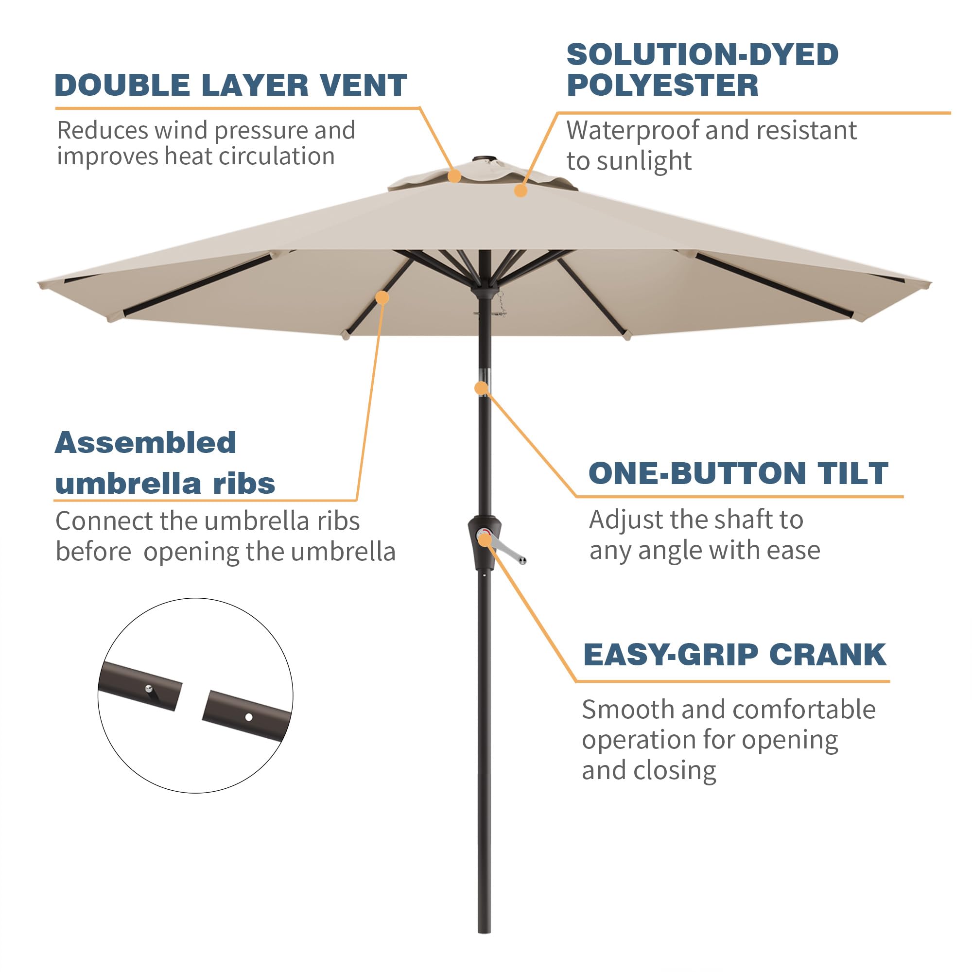 Tobeos push-button tilt close-up showing easy sun protection adjustment