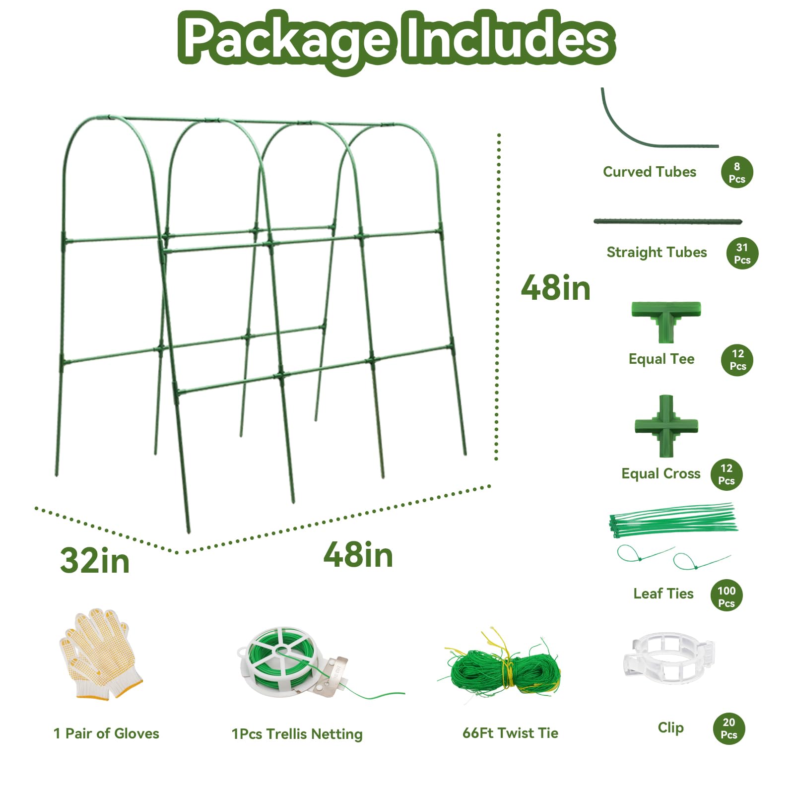 TOCCYARD garden trellis package includes clamps, ties, and netting.
