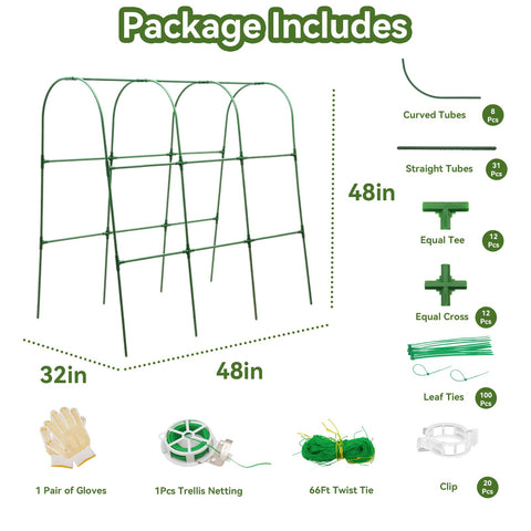 TOCCYARD garden trellis package includes clamps, ties, and netting.