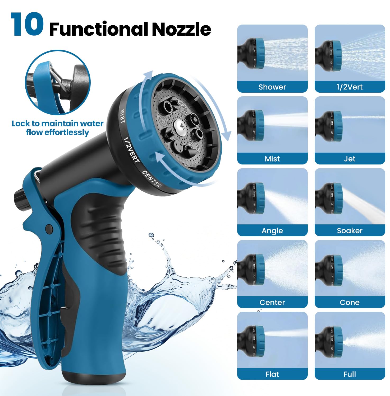 Tocebe hose nozzle with 10-function patterns for versatile watering tasks.