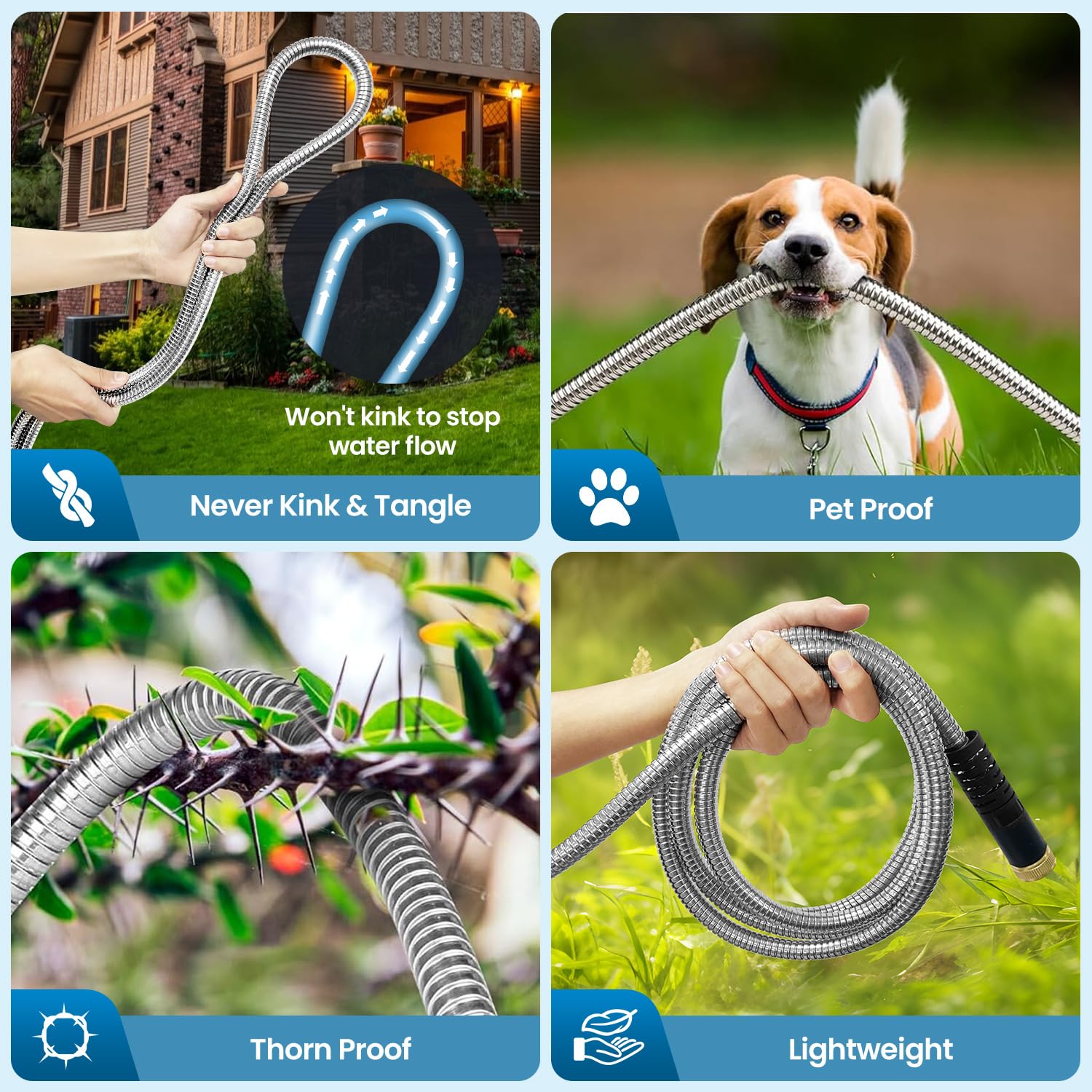 Tocebe kink-free spiral hose maintaining steady flow and tangle-free storage.