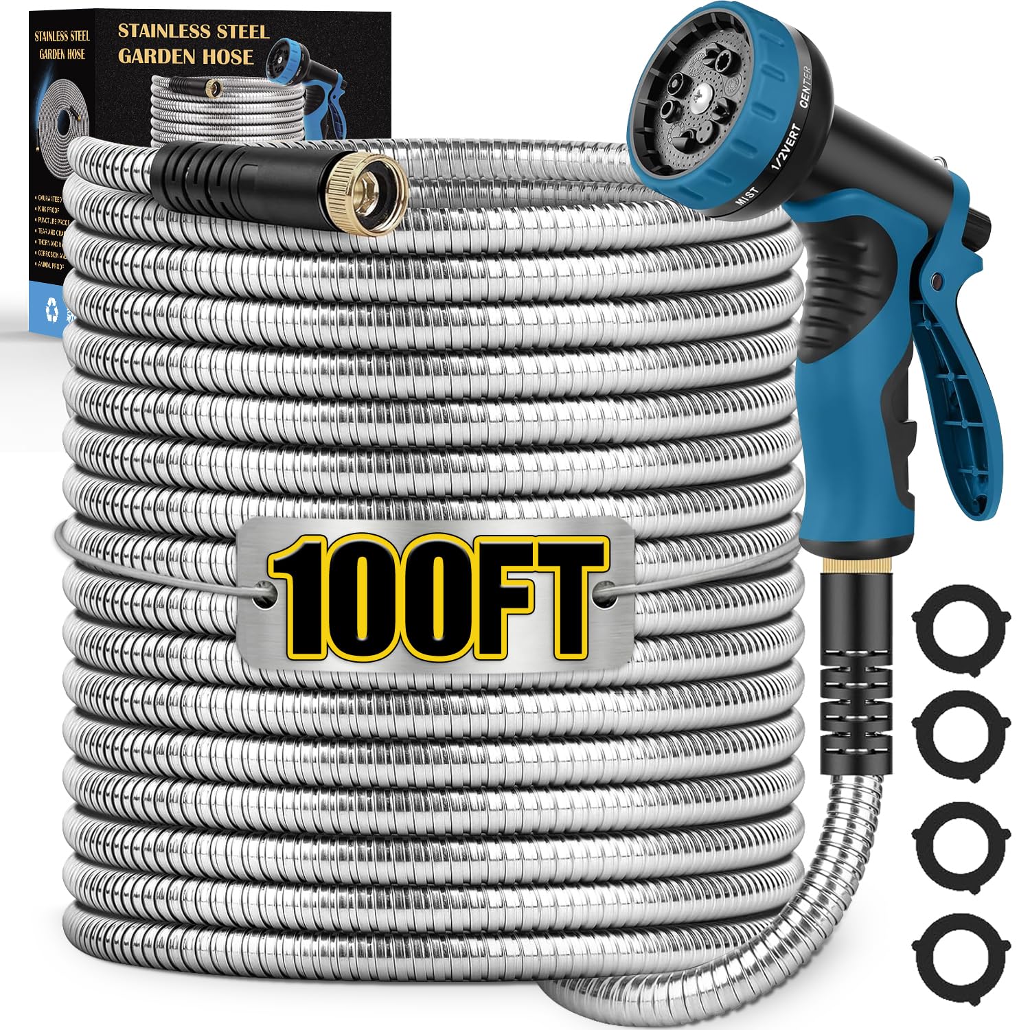 Tocebe metal garden hose 100ft coiled for neat storage, ideal for ready watering.