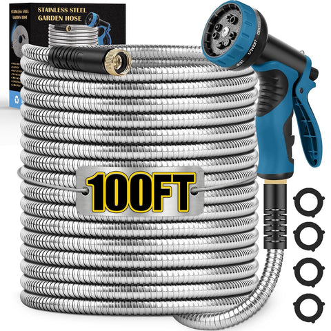 Tocebe metal garden hose 100ft coiled for neat storage, ideal for ready watering.