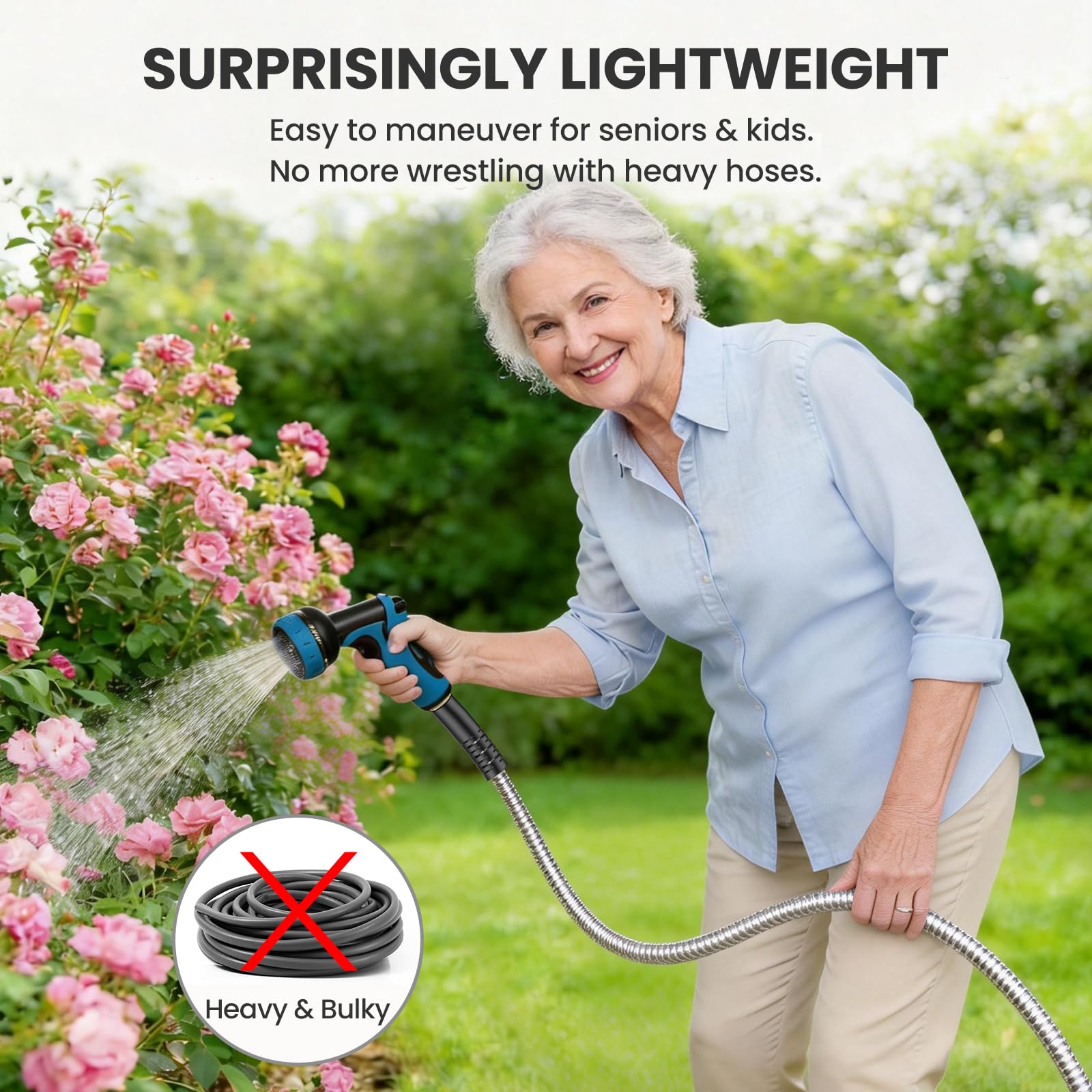 Tocebe metal garden hose 100ft extended for smooth water flow across lawn and driveway.