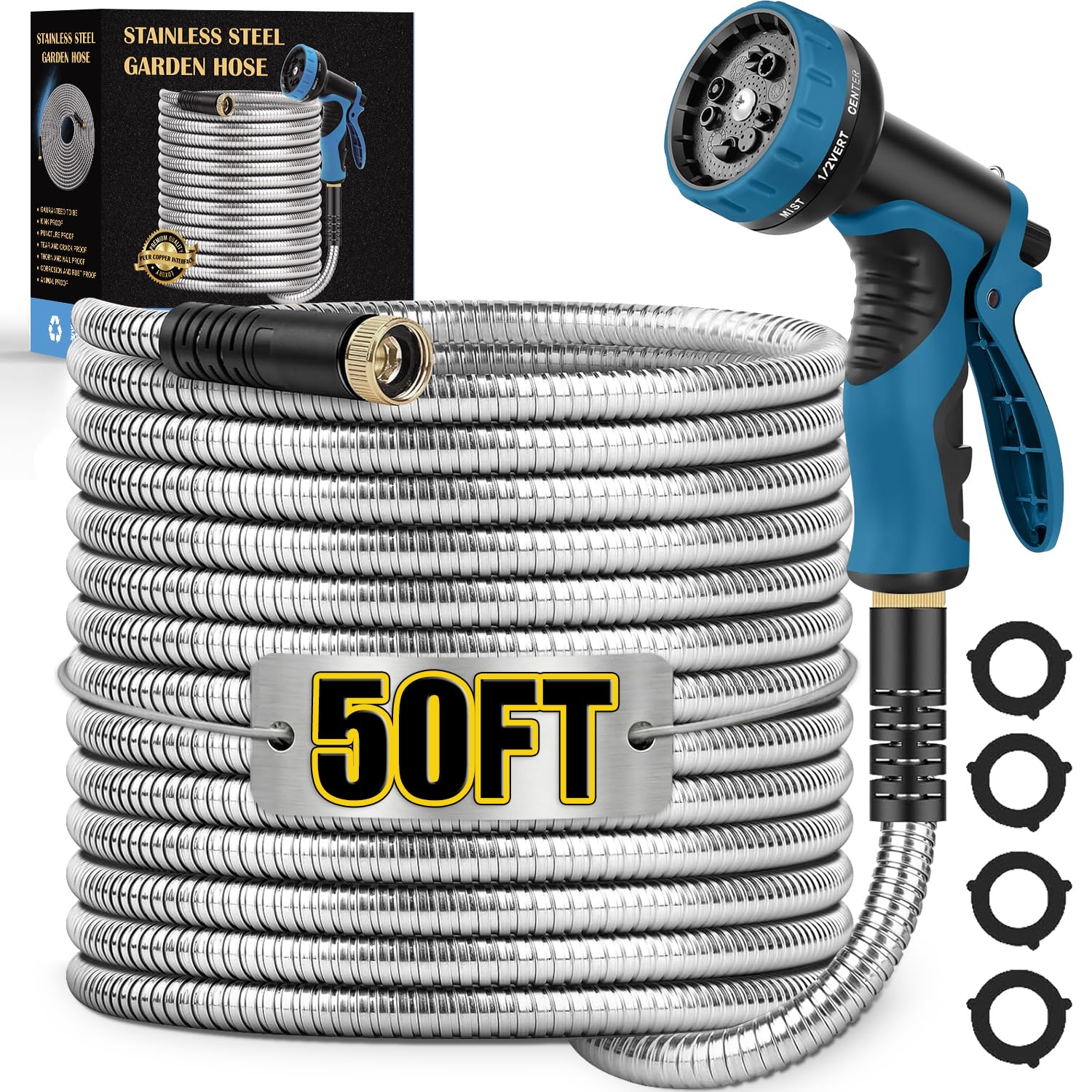 Tocebe metal garden hose 50ft in a coiled setup for easy storage and durability.