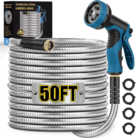 Tocebe metal garden hose 50ft in a coiled setup for easy storage and durability.