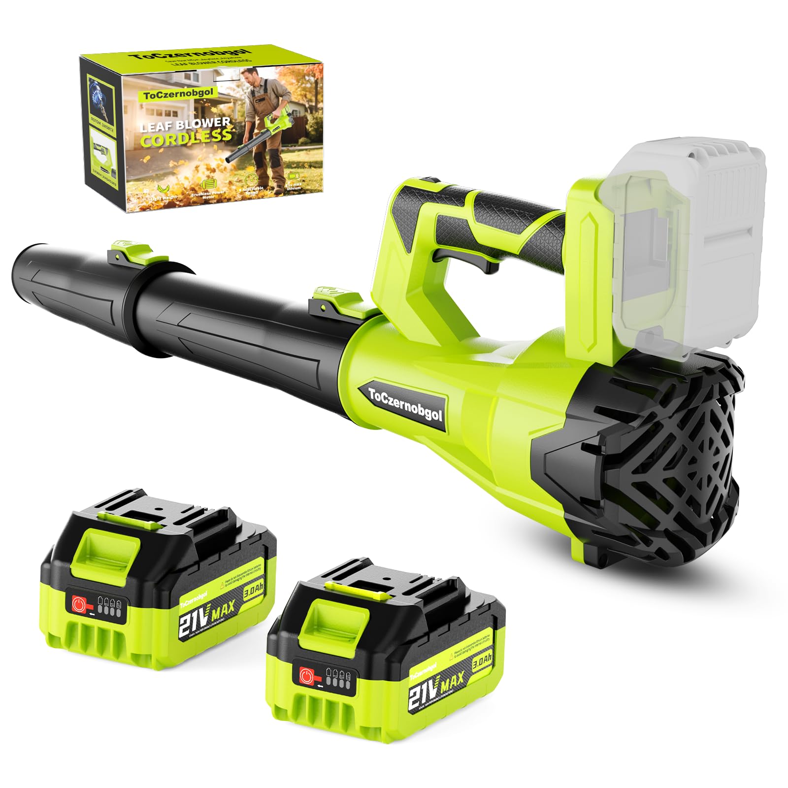 ToCzernobgol cordless leaf blower front view, compact design for easy handling.