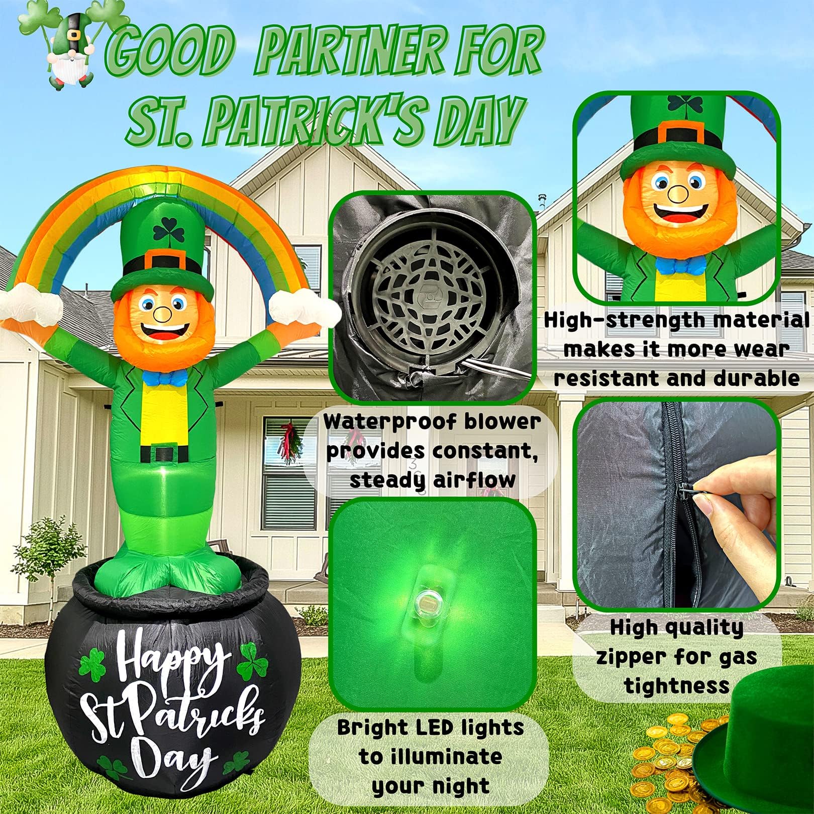 TOCZIM built-in sandbags stabilize the leprechaun display in wind.