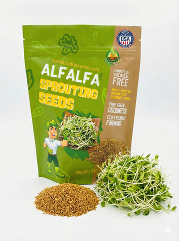 Todd's Seeds alfalfa sprouting seeds bag front, easy-start for home sprouts.