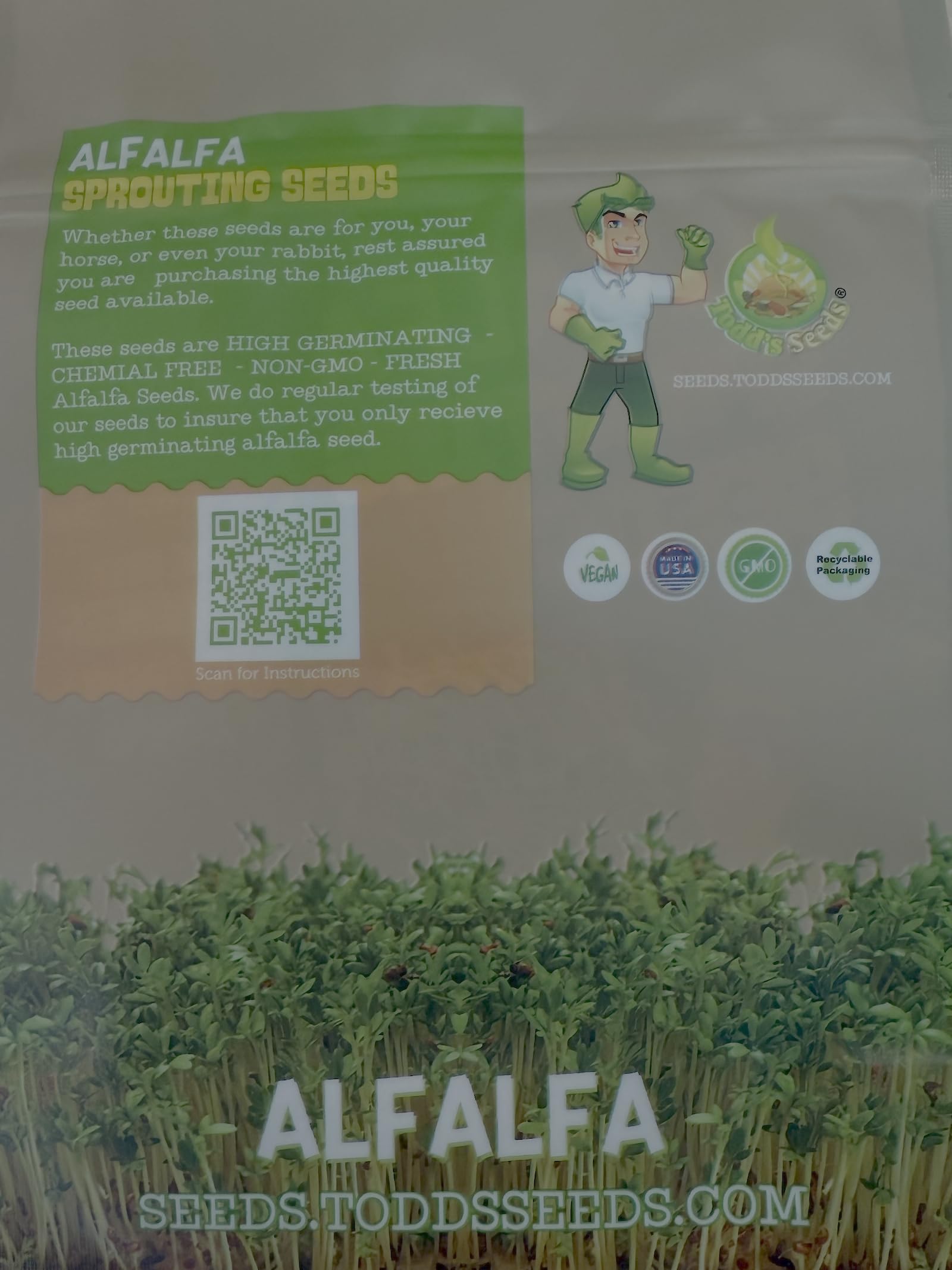 Todd's Seeds alfalfa sprouting seeds closeup, premium seeds for fast germination.