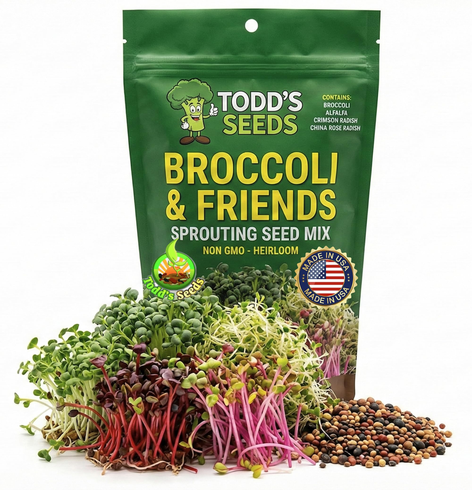 Todd's Seeds broccoli and friends sprouting seed mix bottle for quick home sprouts.