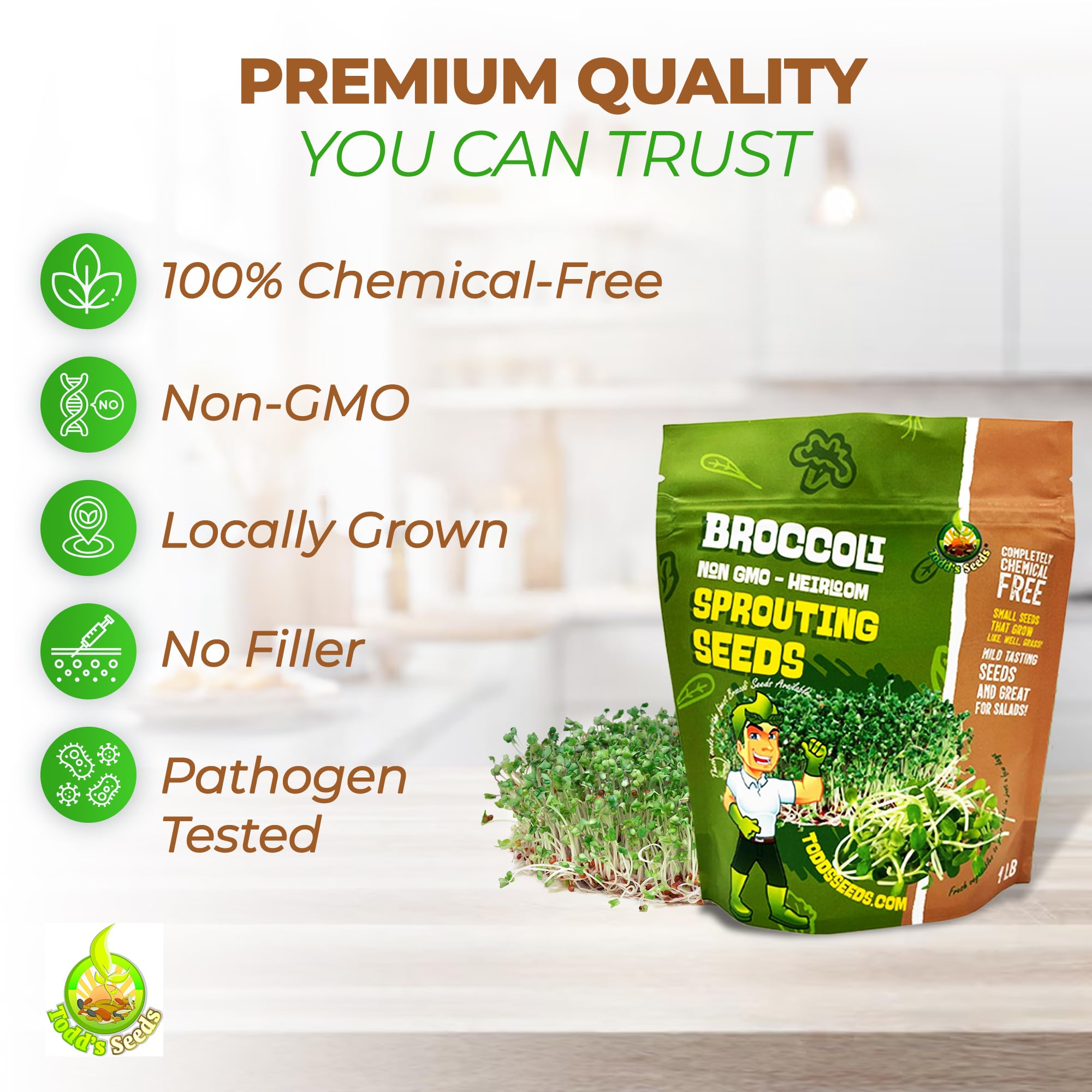Todd's Seeds Calabrese broccoli sprouts close-up shows tiny greens ideal for quick meals.
